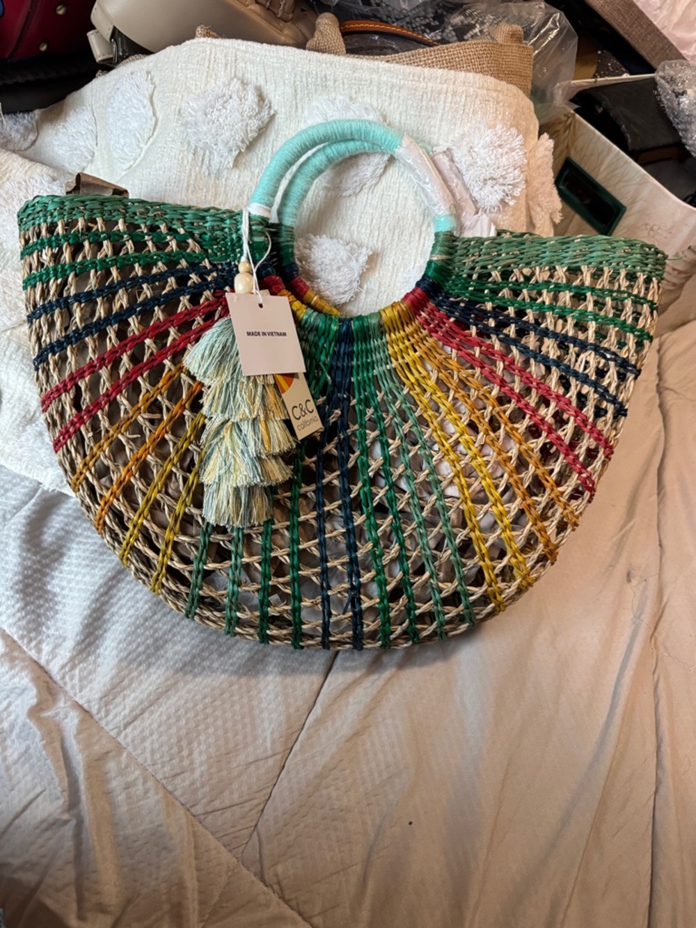 C&C California Multicolor Woven Straw Tote - Rainbow Stripe